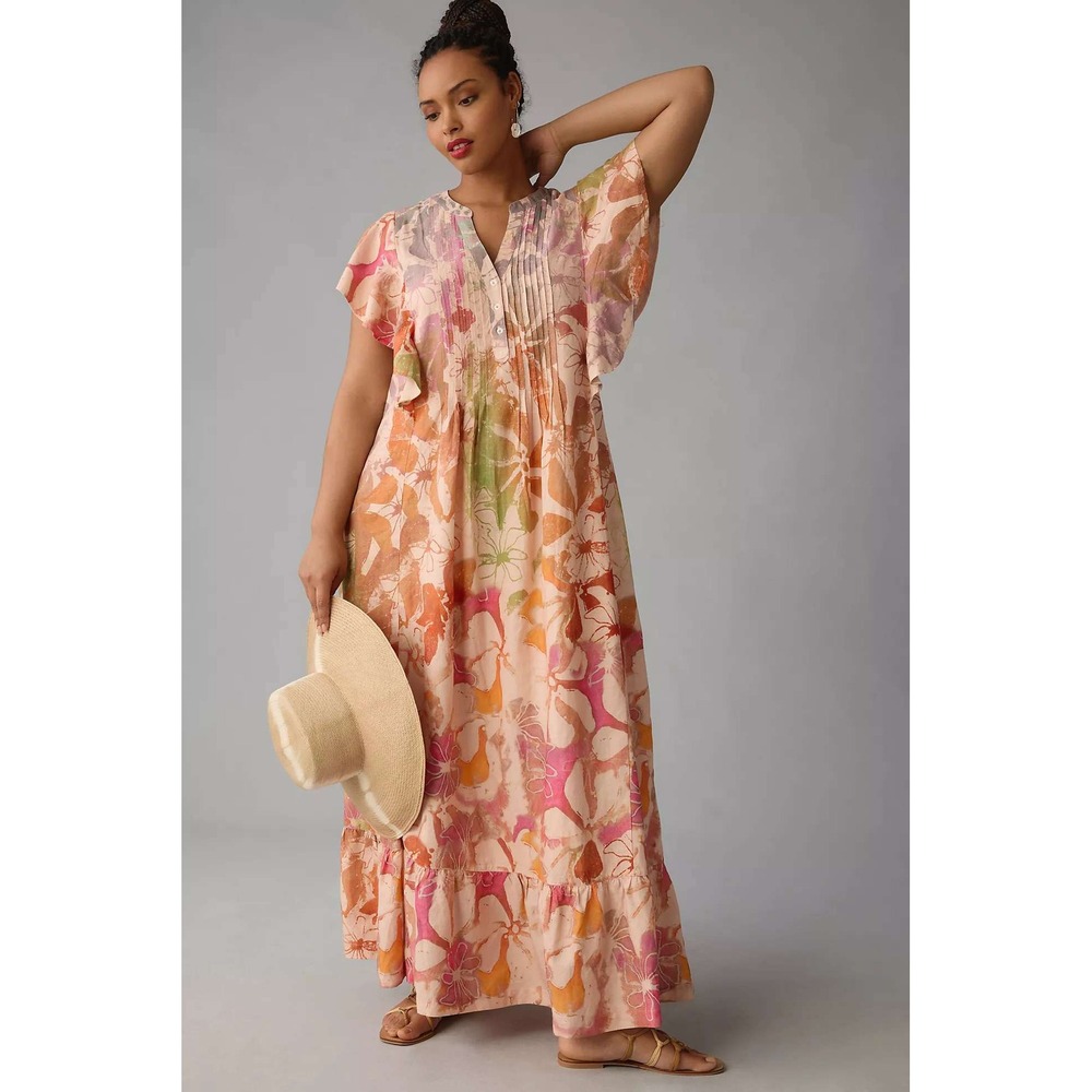 Maeve Anthropologie Maxi Dress Floral Pintuck M Pink Orange Boho Ruffle Sleeve
